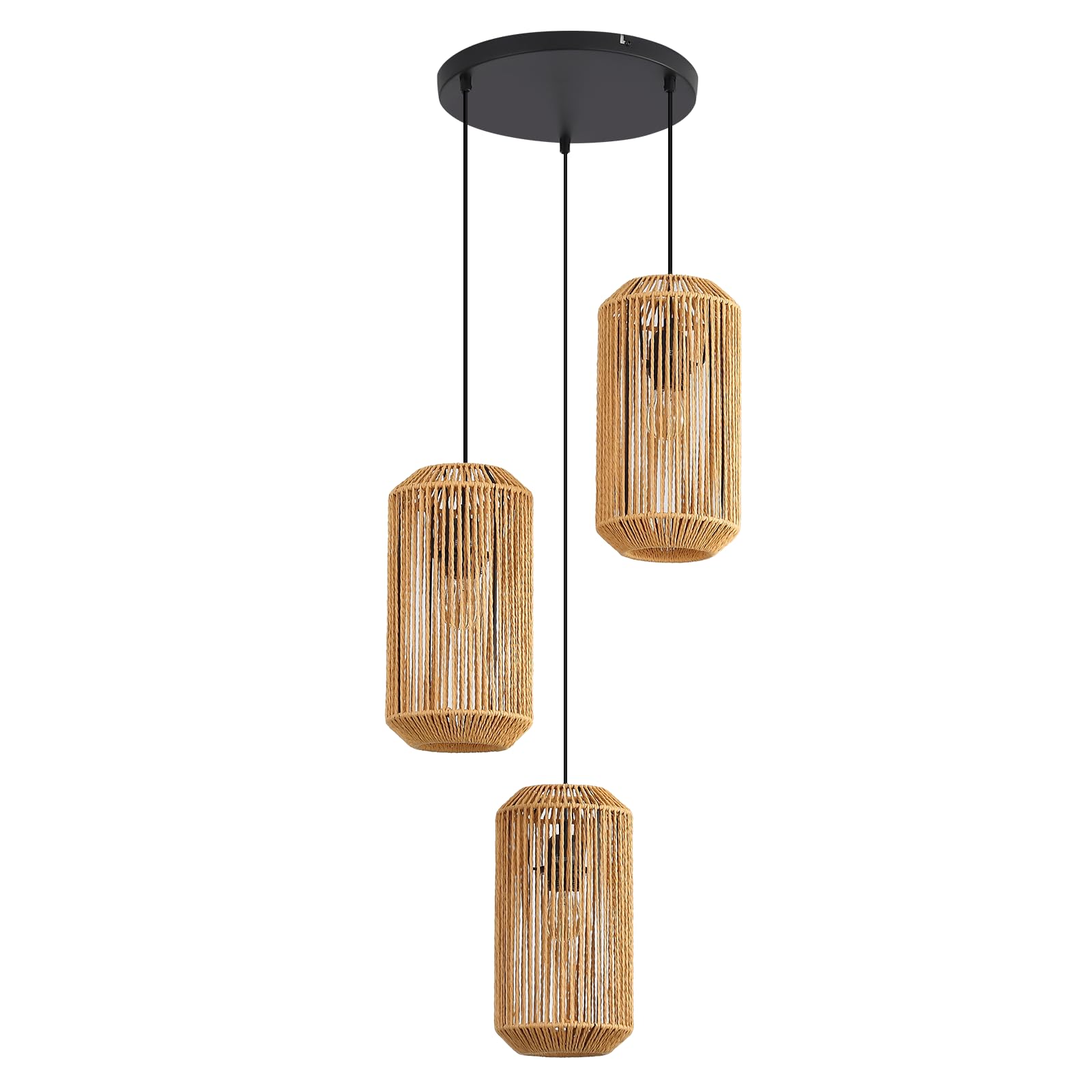 Lámpara Colgante Boho de Ratán, Altura Ajustable, 3 Luces, Diseño | Retro con Casquillo E27 para Comedor, Salón, Dormitorio y Cocina (Sin Bombillas Incluidas)