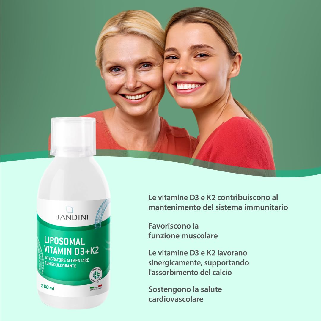 Bandini® Vitamina D3 K2 Liposomiale, Integratore Alimentare Biodisponibile per il Sistema Immunitario ad Alto Dosaggio, Rinforza Muscoli, Ossa e Denti, Vitamine D3+K2 Liquida 250 ml con Tappo Dosatore