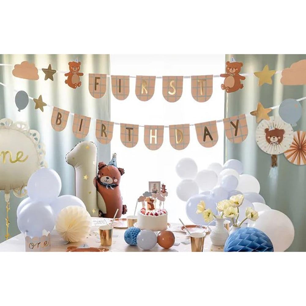PartyDeco Teddy Bear 1st Birthday Banner, Childrens Girls Boys First Birthday Party Hanging Decoration, First Birthday Wall Sign, Teddy Bear Backdrop