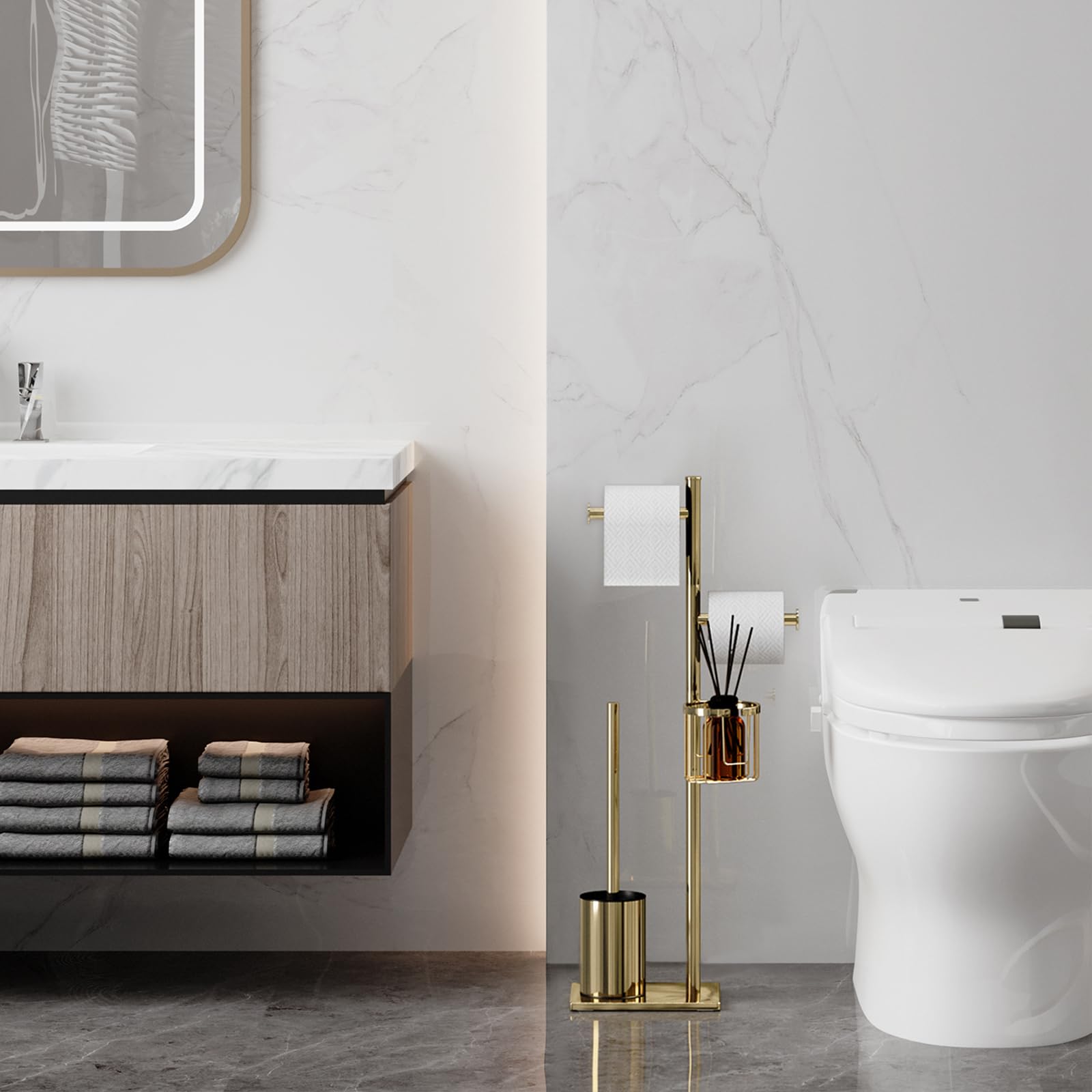 Porte-Papier Toilette en Acier Inoxydable avec Brosse WC et Panier d’Angle Rond. Design élégant, Durable, résistant à la Rouille et idéal pour Gagner de l’Espace (Or)