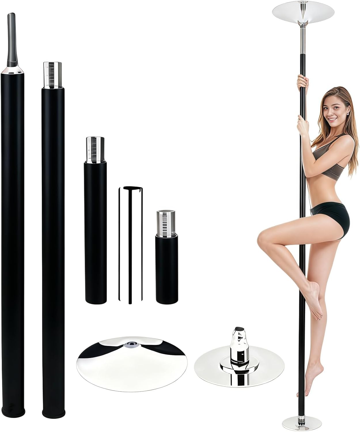 Portable Professional Stripper Pole, Silicone Dance Pole Kit, Spinning Static Dancing Pole Kit, Adjustable Height and Removable 7.2-9 FT, for Apartment, Gym, Club (Black-with Silicone)