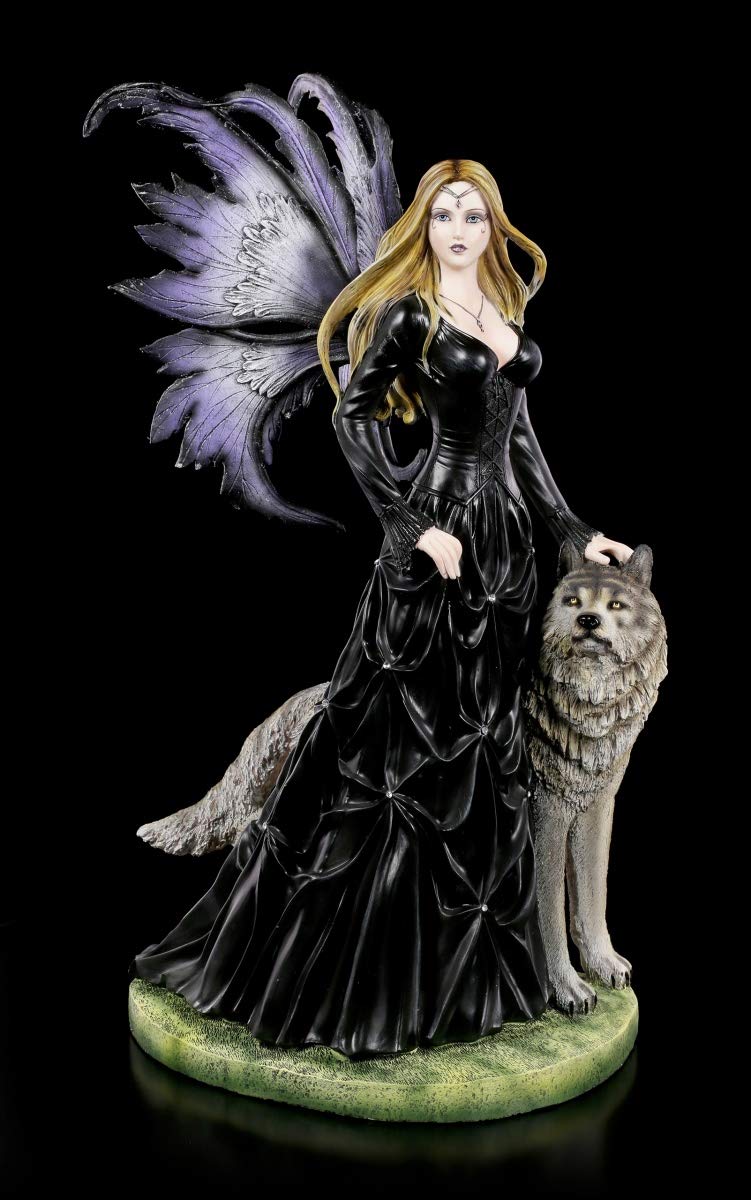 Figuren Shop GmbH Große Elfen Fantasy-Figur - Wolf Loveta | Gothic Feen-Figur, handbemalt, mit Flügel zum Stecken, H 58 cm