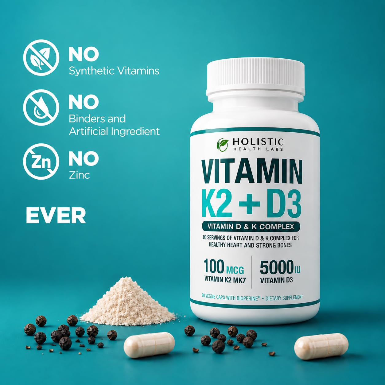Max Absorption Vitamin K2 + D3 (5000IU) 90 Veggie Capsules From MK-7 (Menaquinone-7) and Cholecalciferol (With BioPerine) 3-Months Supply – D3 with K2 For Healthy Heart and Strong Bones | Non-GMO — Amazon image 2