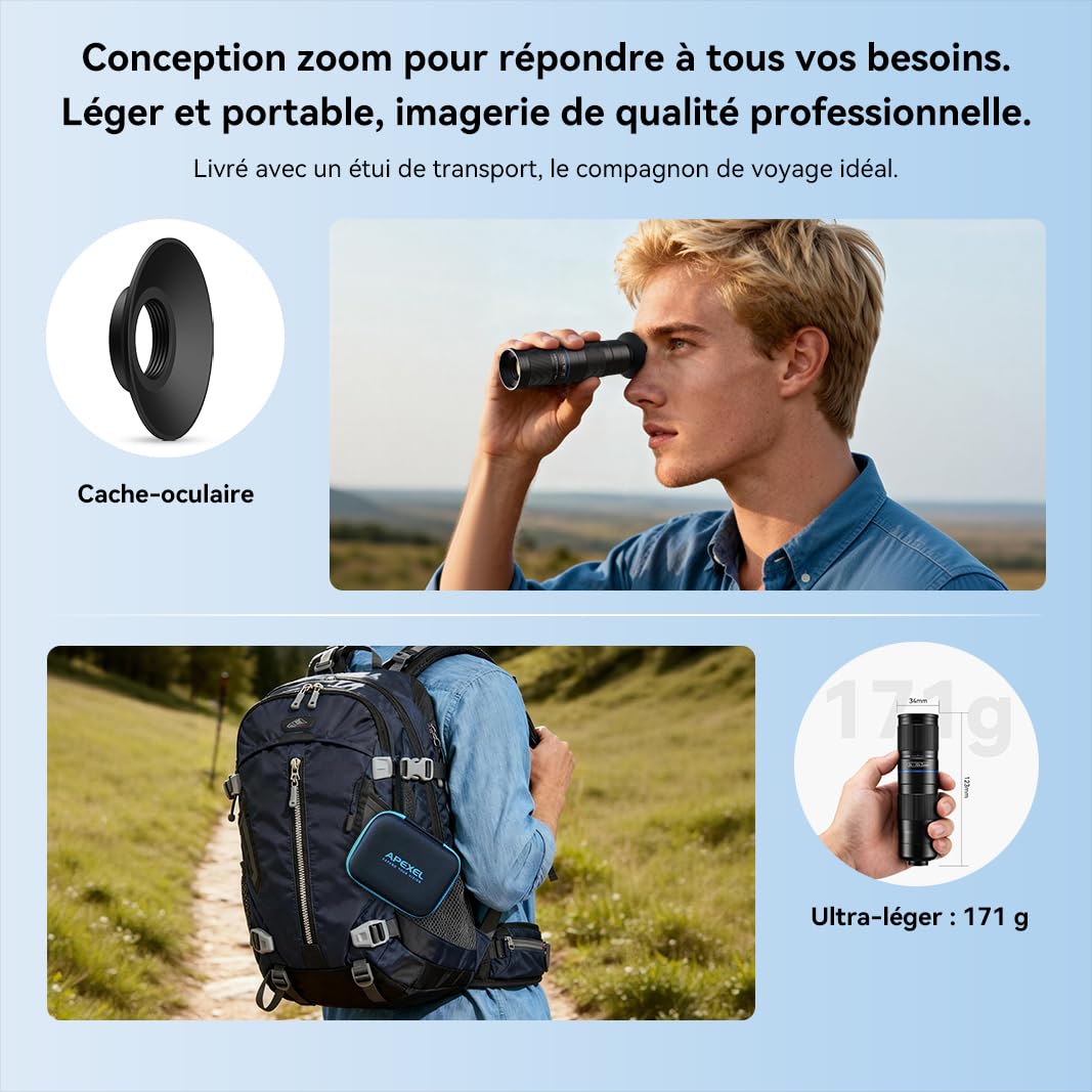 APEXEL Téléobjectif Compact Zoom 5x-10x pour Téléphones Portables avec Clip Universel, Objectif Téléobjectif Multicouches Adapté aux iPhone 17/16/15..., Samsung, Pixel et Autres Smartphones,Noir