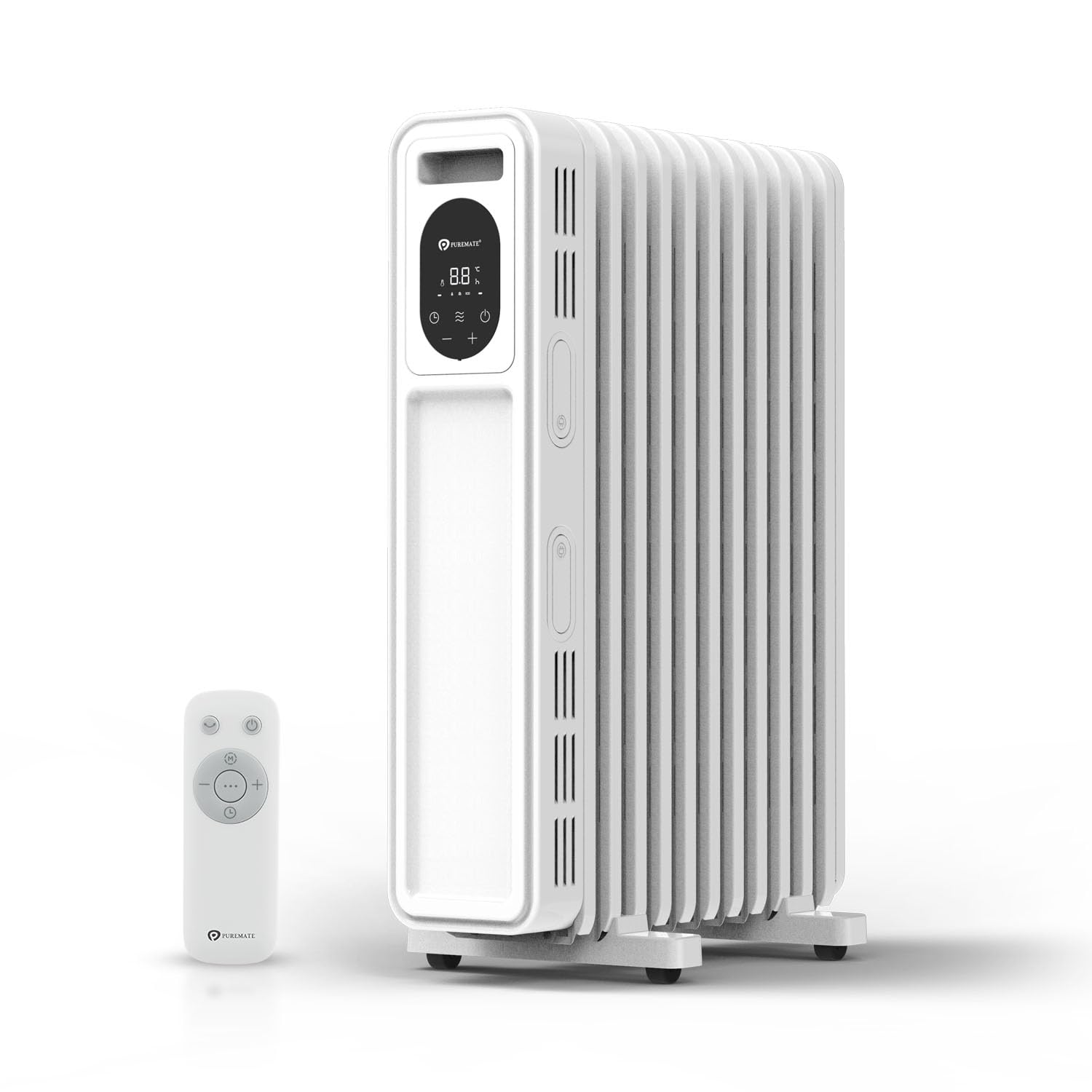 PureMate 2300W Oil Filled Radiator with Remote Control, 11 Fins, Digital Thermostat, Adjustable Heat Settings, Energy Efficient Electric Heater, 24H Timer, Overheat & Tip-Over Safety and Castor Wheels