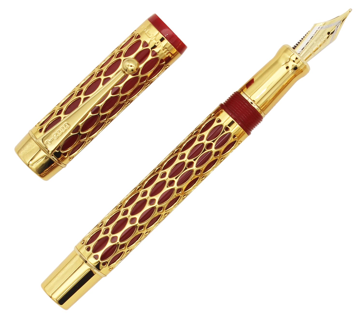 Gullor Openwork Gold Fountain Pen with Gift Box, Screw Cap, Red Barrel, Extra Fine Nib - Image 4