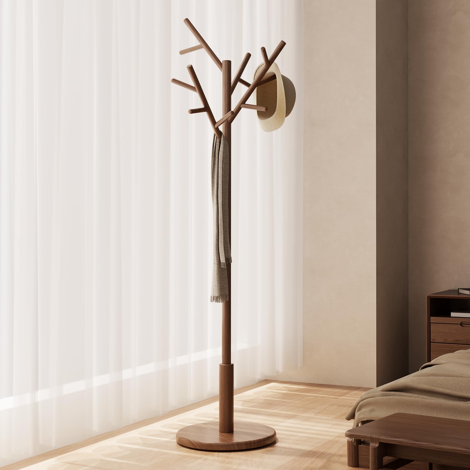 AQIMUELE Coat Stand, Wooden Coat Rack, Freestanding Stand with 12 Hooks, 3 Heights for Clothes, Hats, Bags, Coat Stands for Hallway, Small Space, 180H cm (Walnut)