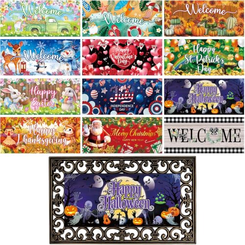Tangren 12Pcs Doormat Inserts Seasonal Entrance Doormats Interchangeable Welcome Doormats Welcome Mat Outdoor for Fall Christmas Front Door Outdoor Indoor 22in x 10in All Season and Holiday Vivid