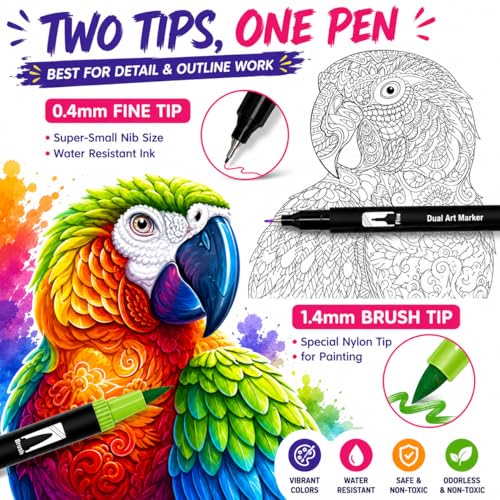 Image of Corslet 12 Pcs Dual Tip Brush Pens Vibrant Colours for Mandala Colouring Professional Dual Tip Felt Tip Pens with Flexible Brush Tip & Extra Fine Liner Tip for Detailed Artwork Watercolour Markers