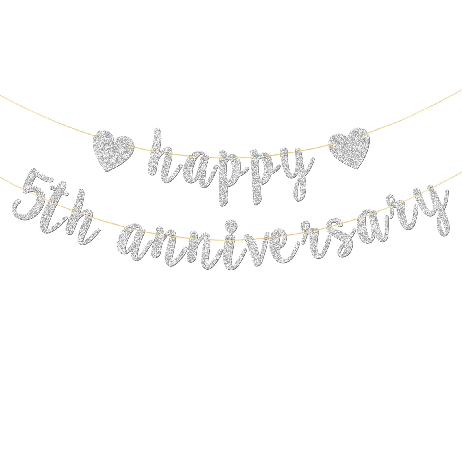 Happy 5th Anniversary Banner - Happy 5th Birthday Party Garland Supplies - 5 Wedding Anniversary Party Decorations - Silver Glitter
