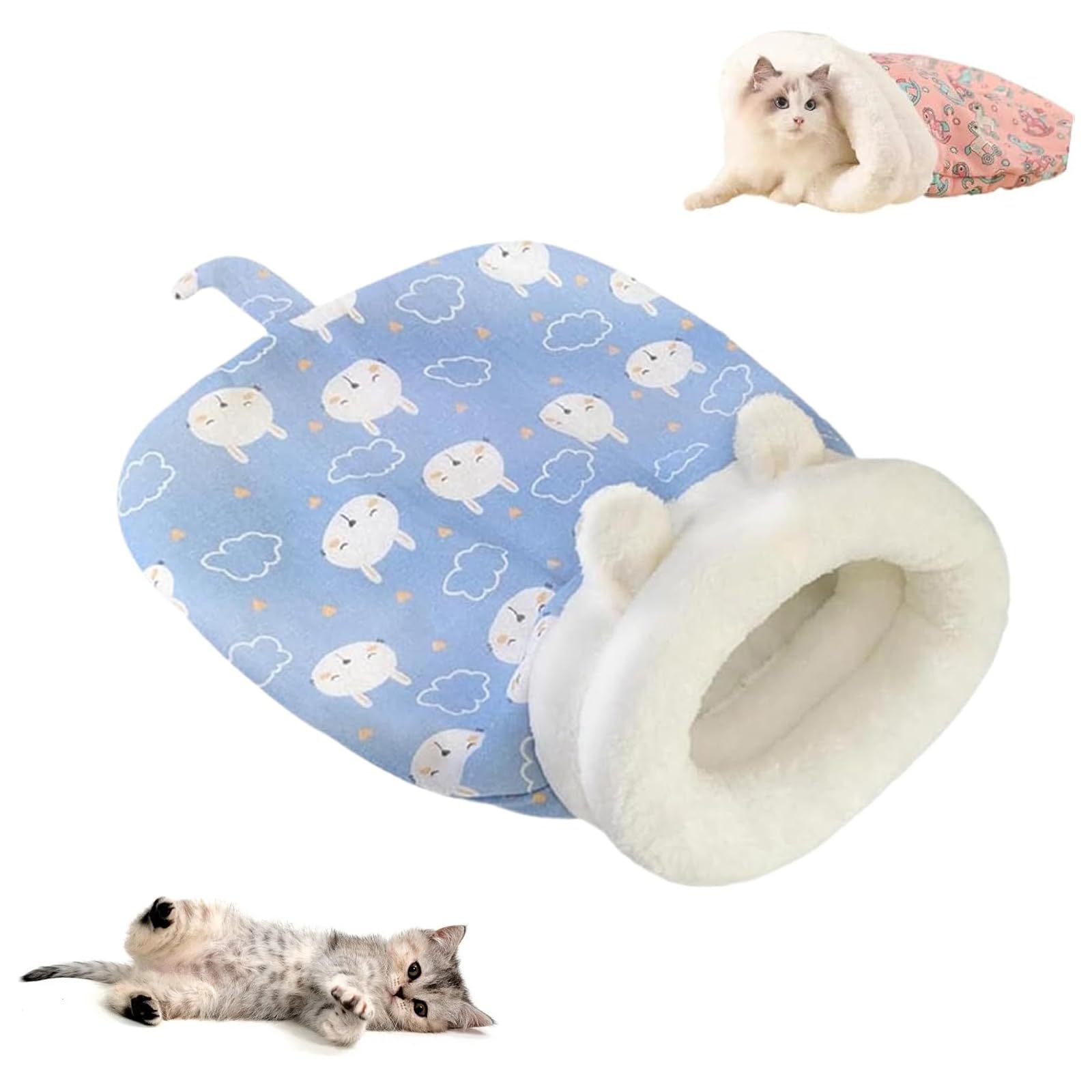 Cat Sleeping Bag for Indoor Pets, 360° Warm Semienclosed Soft Plush Large Sack Bed With Cave for Puppy and Kitten (Blue)