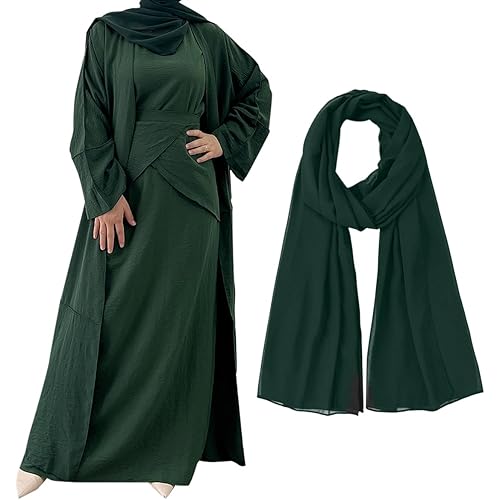 Women's Muslim Abaya Dress Three Pieces Set Islamic Prayer Robe Open Front Flowy Maxi Cardigan Dress