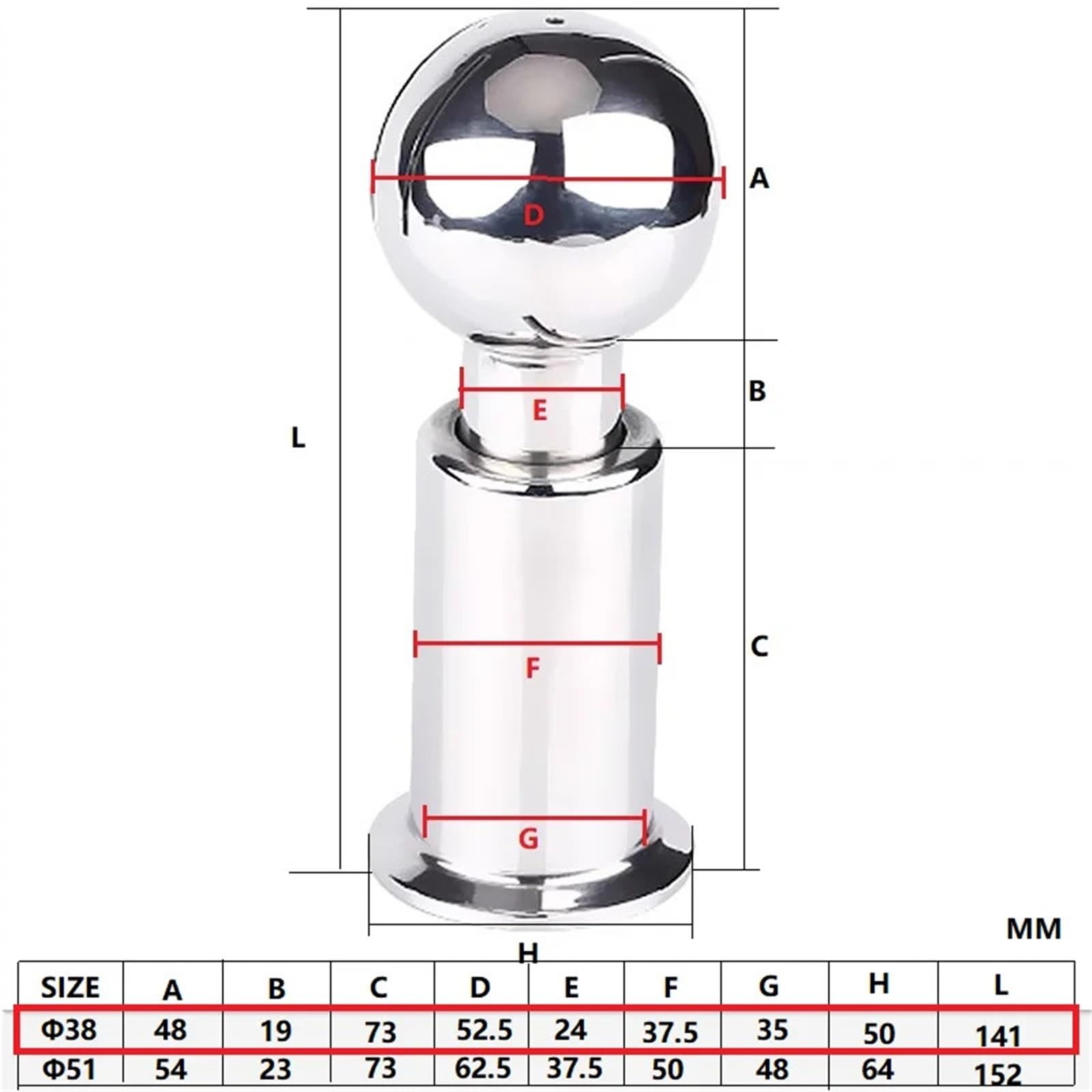 Rotierende CIP-Sprühkugel aus Edelstahl 304 | 1,5–2 Zoll Tri-Clamp for die CIP-Tank- und Behälterreinigung(1.5inch 38mmod50.5mm)