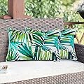 Magpie Fabrics Set of 2 Lumbar Throw Pillow with Insert 12x20 Inch, Outdoor Rectangular Waterproof Home Decorative Toss Cushion for Patio Garden Car Office - Green Palm Leaves