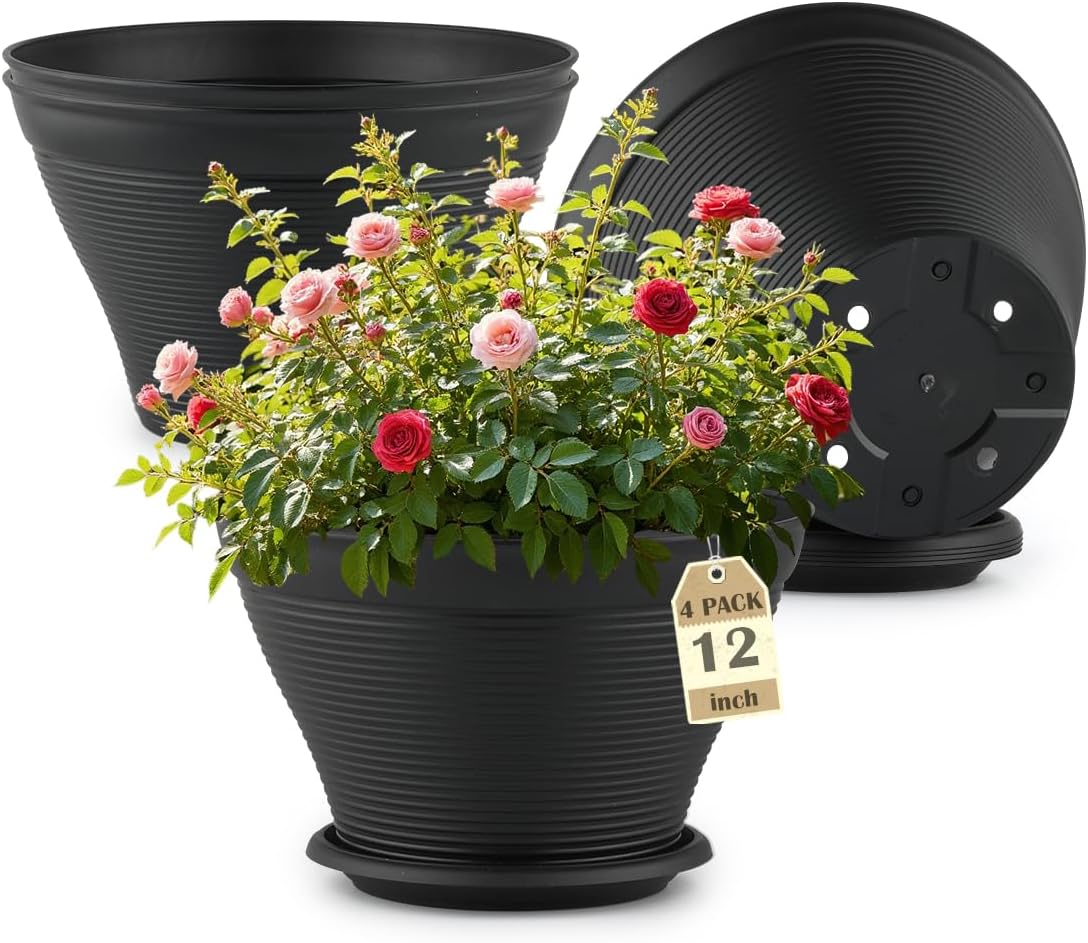 4 Pack 12 Inch Plant Pots with Saucers, Plastic Flower Pots with Drainage Holes, Large Planters for Indoor Outdoor Garden, House Plants, Flowers, Herbs, Gardening Gifts, Black Black 12 Inch-4P
