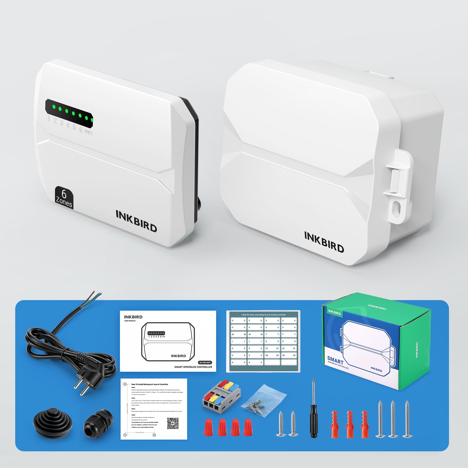 Inkbird IIC-600 Wifi 6 stref programator do nawadniania z wodoodpornym pudełkiem, automatyczne nawadnianie WiFi w ogrodzie, timer, wbudowany nieulotny pamięć, wsparcie czujnika deszczu i regulacja