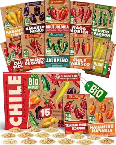 ZenGreens® - Set de semillas de chile eco - 15 variedades para cultivar fácilmente en el jardín, balcón o parterre elevado - Sementes verduras