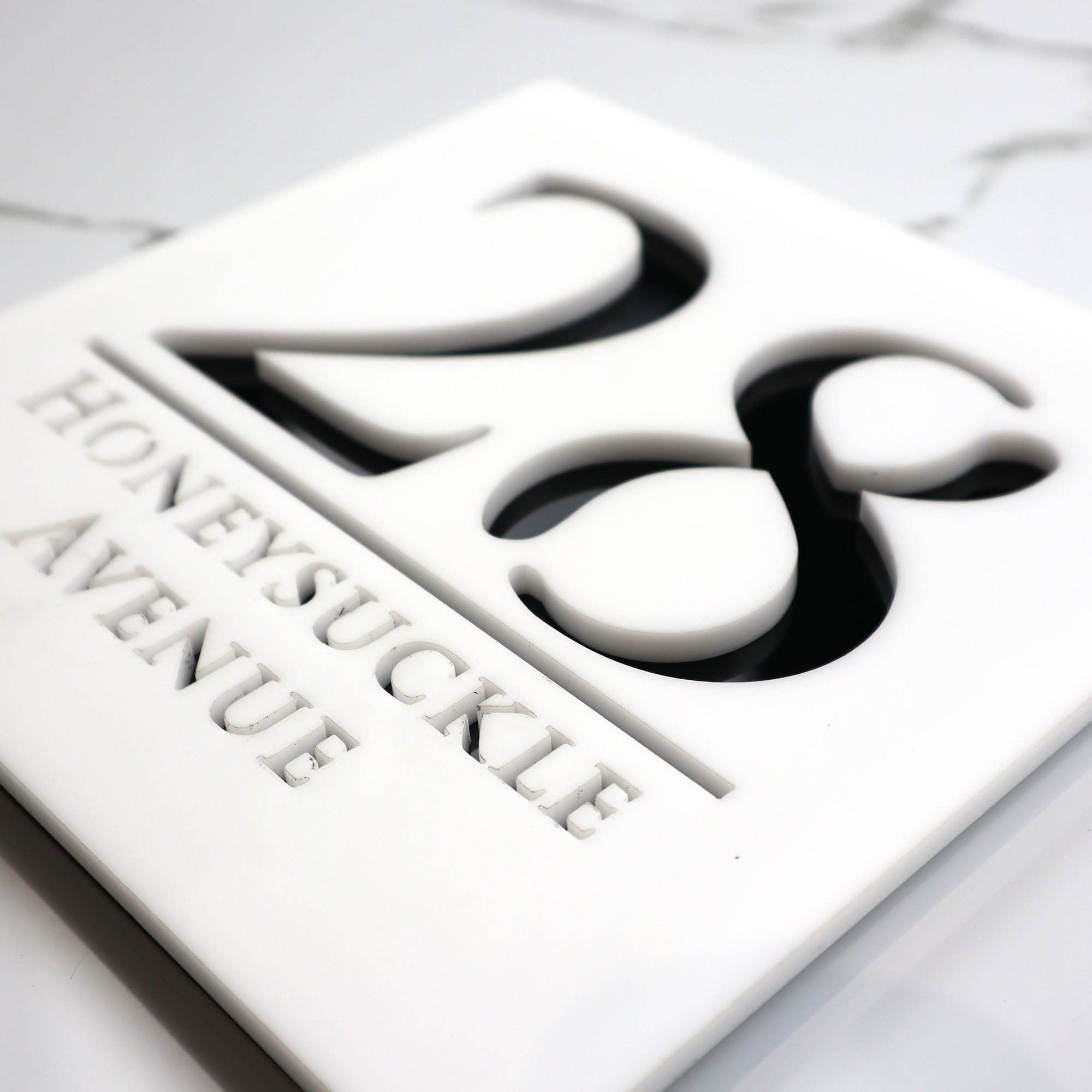 K Smart Sign | Bellissima S1 | 180mm x 180mm | Grey Anthracite & Black Mirror Marble 3d Laser Cut Contemporary house sign door number plaque address signs (Matt White & Black Marble Effect)