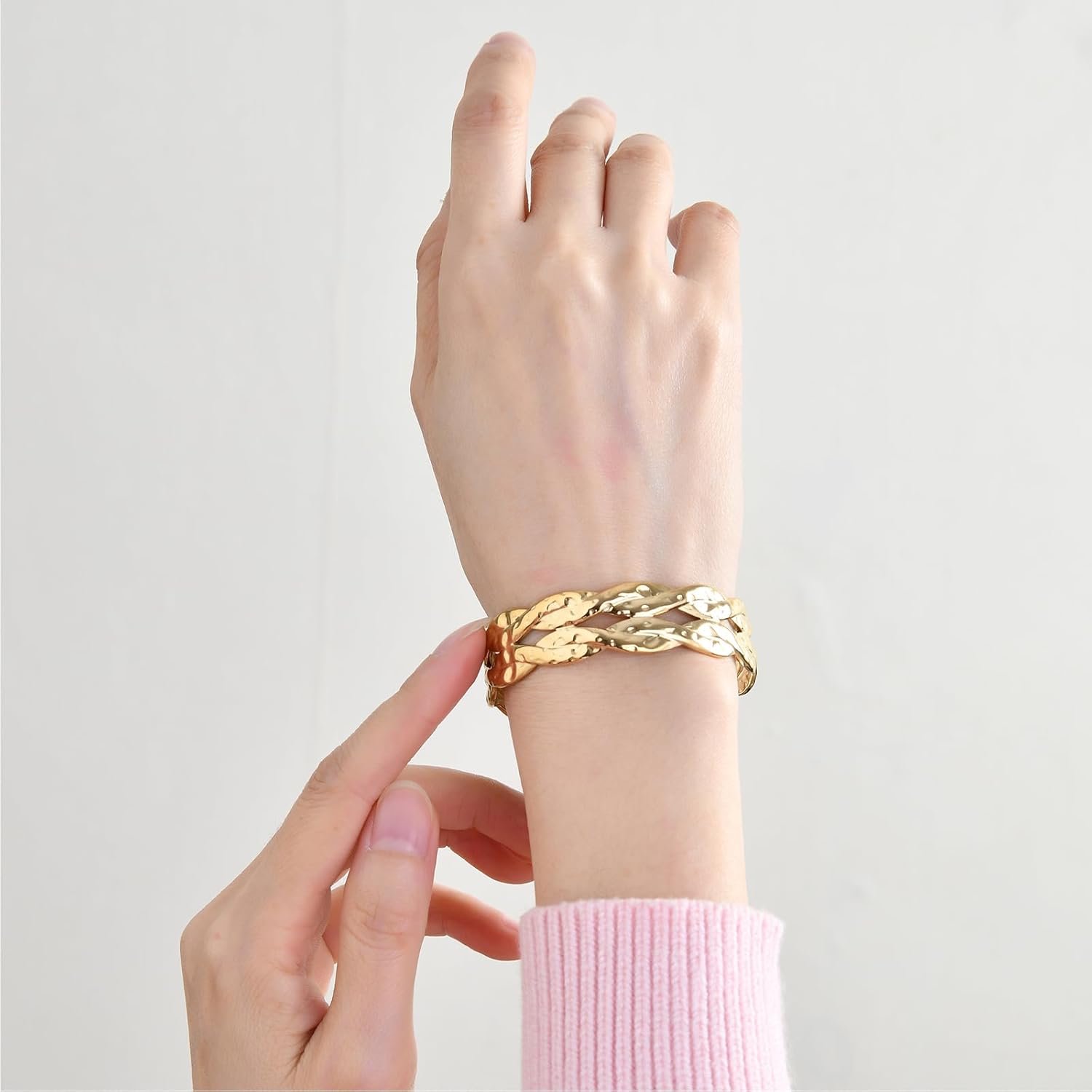 Gold Cuff Bracelet for Women,Chunky Multi-layer Cross Wire hammered Open Bracelet Hollow Trendy Wide Cuff Bracelets Adjustable Bangle - Image 6