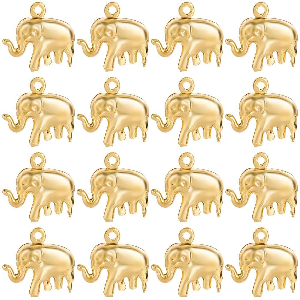 SUNNYCLUE 1 Box 50Pcs Real 18K Gold Plated Elephant Charm Elephants Charms Bulk Tibetan Alloy Stainless Steel Lucky Animal Pendants for Jewelry Making DIY Craft Necklace Bracelet Earring Women Adults