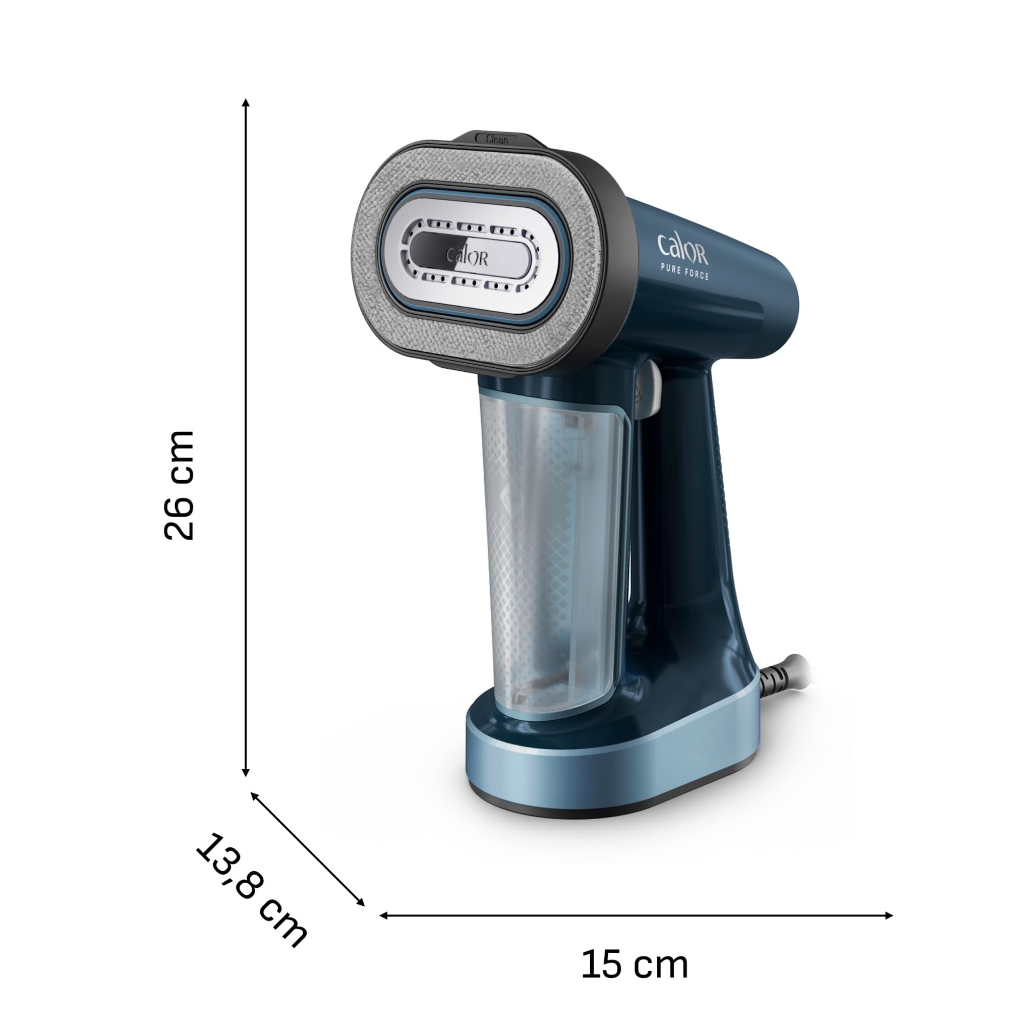 Calor Pure Force 3en1, Défroisseur à main et fer à repasser, Utilisation verticale/horizontale, Nettoie, 1800W, 35g/min, Prêt en 25s, DT8755C0, Bleu Métallisé