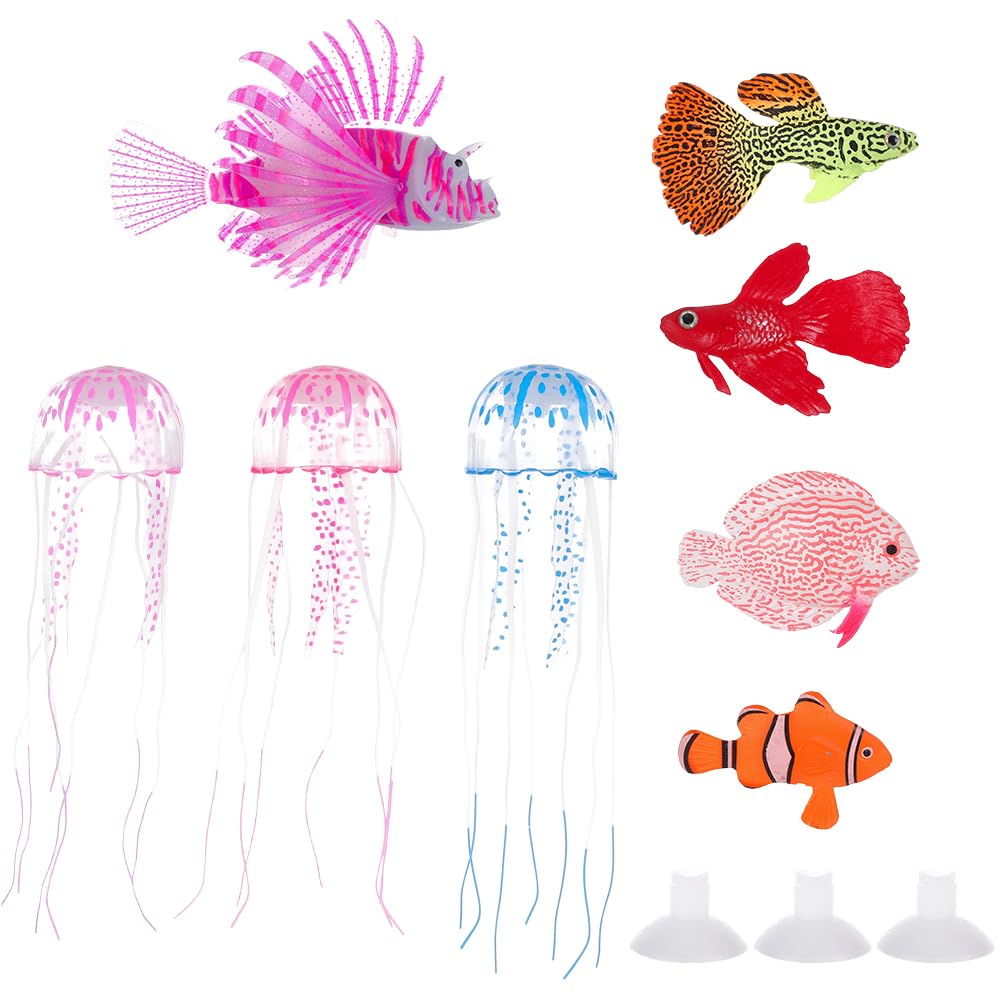 AHANDMAKER 8 piezas de peces artificiales flotantes decoraciones coloridas peces falsos peces decoración acuario artificial medusa luminosa para la lámpara del tanque decoración