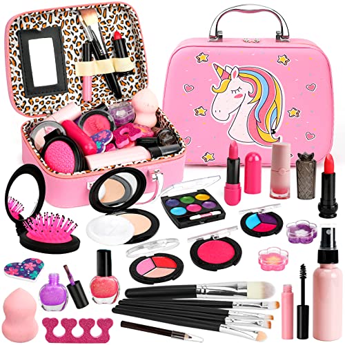 Flybay Maquillage Enfant Jouet Fille, 25pcs Lavable Trousse Non Toxique Kit de Maquillage Enfant Fille, Valise Beauté pour Enfant, Cadeau de Noël Anniversaire pour Fille 3 4 5 6 7 8 Ans Cover