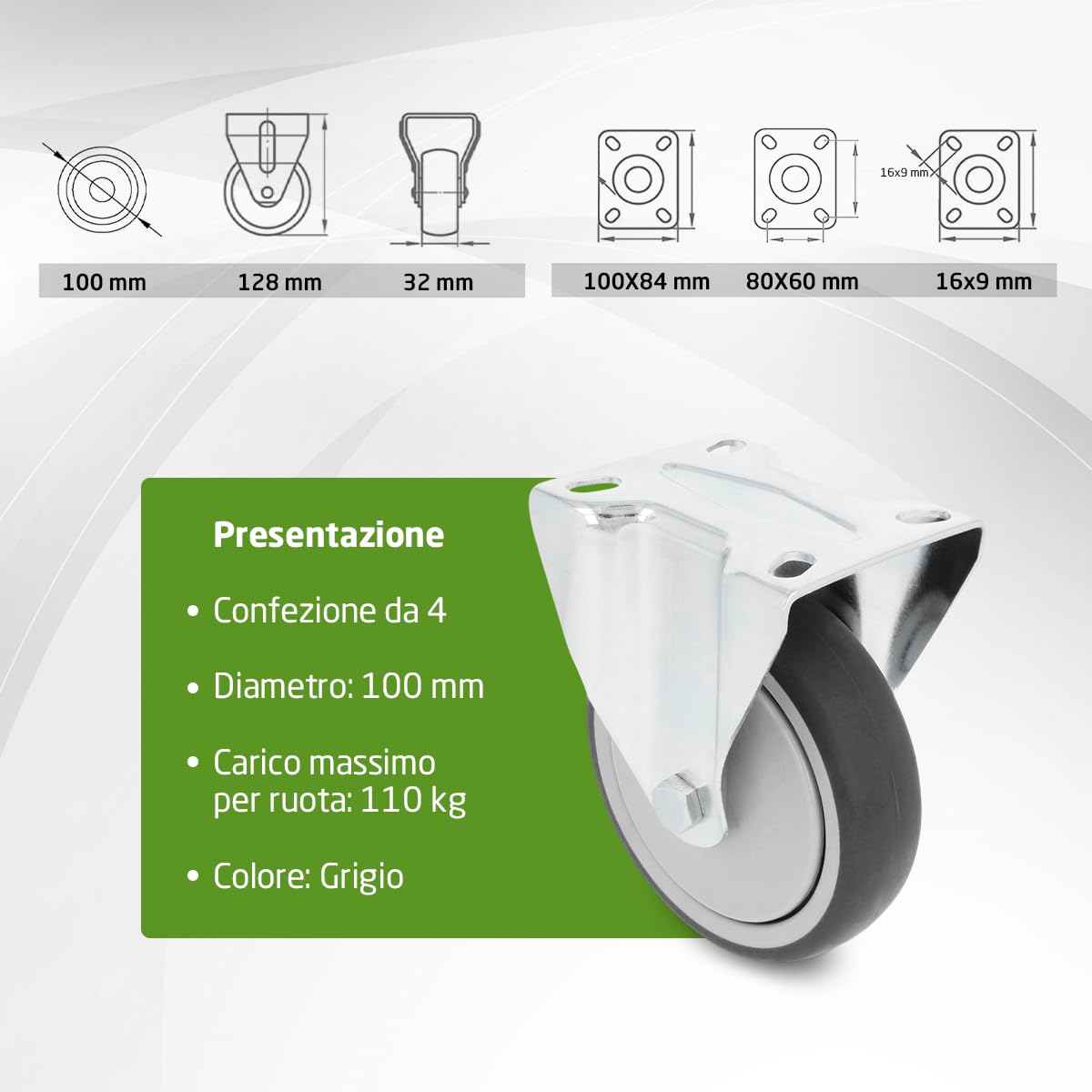Amig - Set 4 Ruote Fisse | Ø 100 mm | Ruote per Spostare Mobili o Elettrodomestici | Peso Massimo 110 Kg | Per Spostare Mobili Pesanti | Cuscinetti a Rulli | Nucleo in Plastica | Gomma Grigia