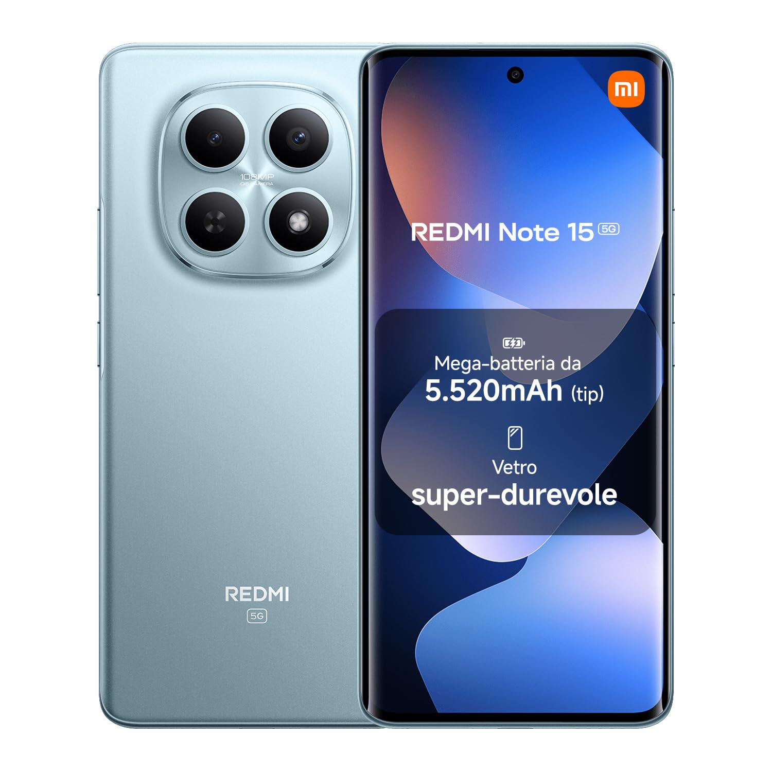 XIAOMI Redmi Note 15 5G, Smartphone 12+512GB, Design ultrasottile, Resistenza IP65, Fotocamera super nitida da 108 MP, Display FHD+ da 6,77", Blu Ghiacciaio, Garanzia 2 anni, Caricatore non incluso