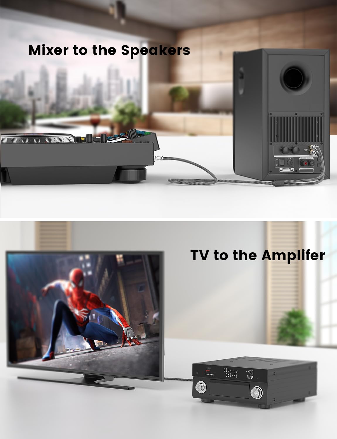 EMK Kabel 1/4 na cinch, wtyczka TRS 1/4 cala na 2 wtyczki cinch, kabel audio, gniazdo stereo 6,35 mm na kabel wtykowy Dual-Cin, kabel rozdzielający Y (8 m, srebrny)