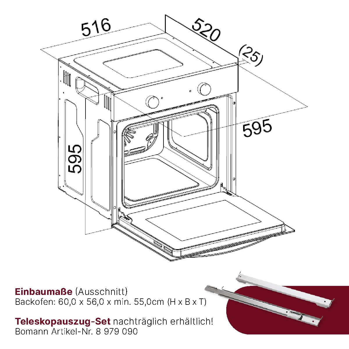Bomann® Einbaubackofen mit Grill | Heißluft & Ober-/Unterhitze | Backofen 56L | Ofen mit 50°C - 250°C Bereich & Touch Control | Oven mit 9 Backofen-Funktionen & aushängbarer Tür | EBO 7911 inox