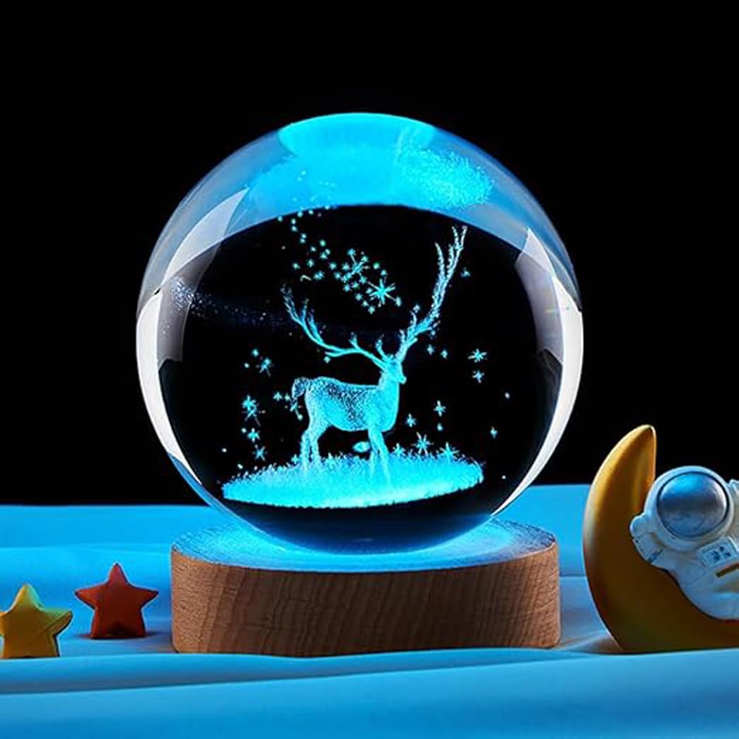 3D Crystal Ball Lamp with 16 Colors Changing LED Wooden Base – Solar System Night Light, Galaxy Lamps, Galaxy Crystal Ball Light with USB (16 Color Deer)