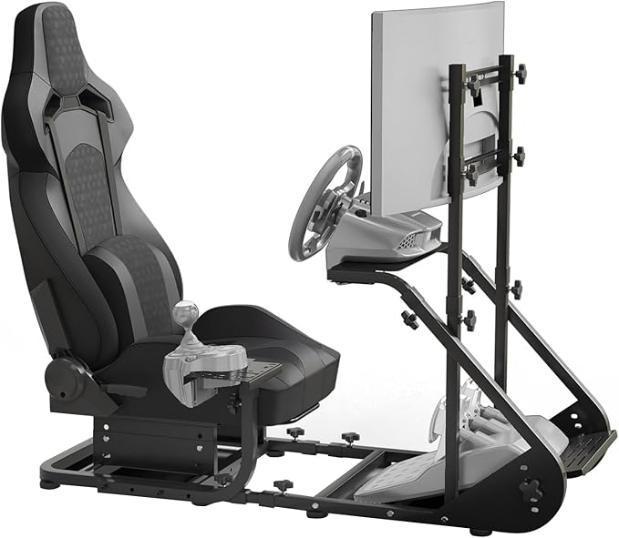 Racing Simulator Cockpit with Monitor Mount and Seat,Sim Racing Cockpit Compatible with Fanatec,PXN,Thrustmaster, and Logitech adjustable driving simulators,excluding handbrake, pedals, and monitor (Black)