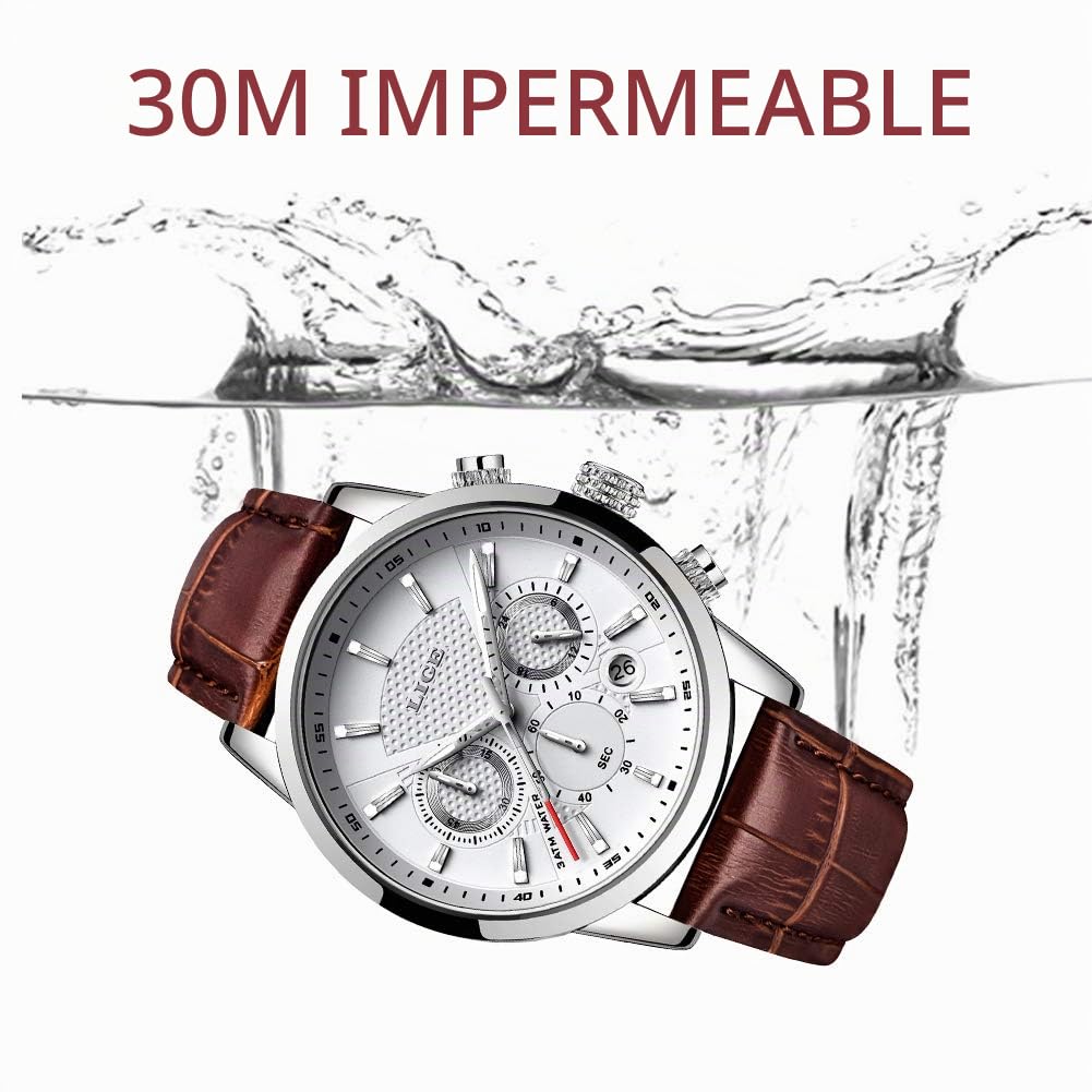 LIGE Relojes Hombre Cronógrafo Analógico Cuarzo 3bar Impermeable Pulsera de Cuero Deporte Watch Business Casual Relojes de Pulsera Regalo Elegante Marrón Blanco