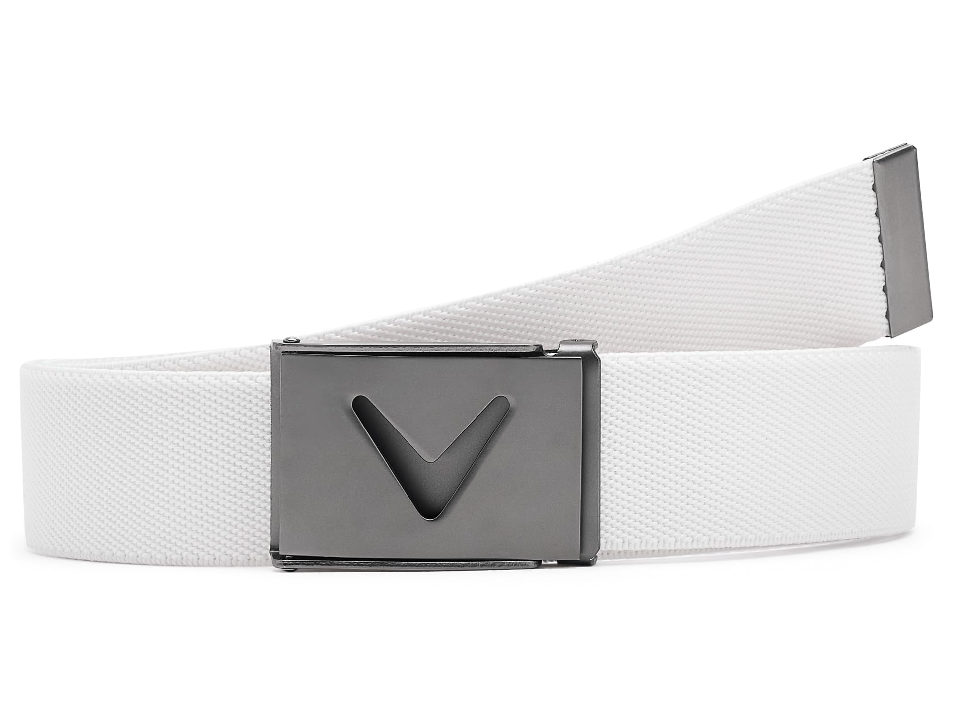 Callaway Men's V-Logo Web Golf Belt, Durable Textured Stretch Material, Metal Tip & Adjustable Buckle, Solid Color, Bright White, One Size