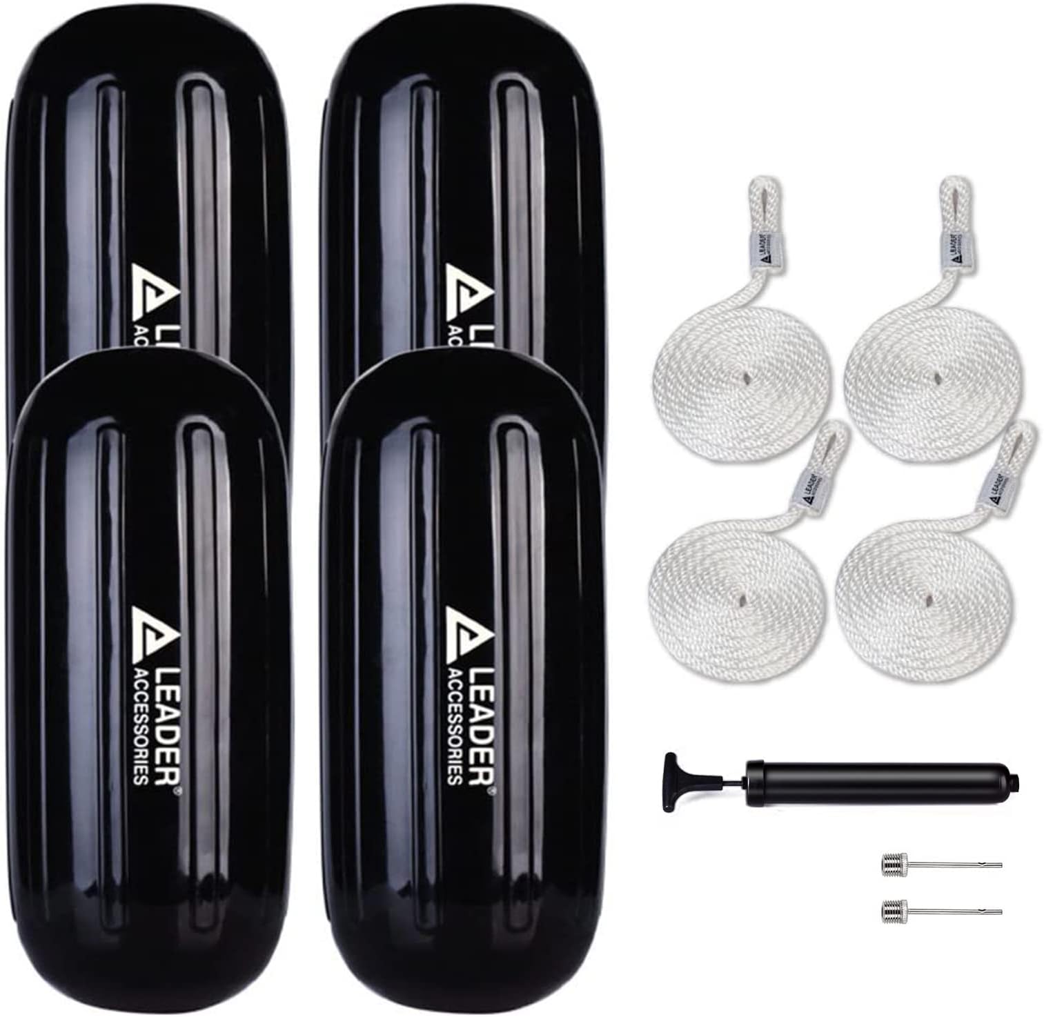 Leader Accessories Boat Fender 4 Pack Boat Bumpers Hole Through Middle Ribbed Inflatable Includes 3/8'' Fender Lines Pack od 4 and Pump to Inflate