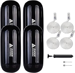 Leader Accessories Boat Fender 4 Pack Boat Bumpers Hole Through Middle Ribbed Inflatable Includes 3/8'' Fender Lines Pack od 4 and Pump to Inflate