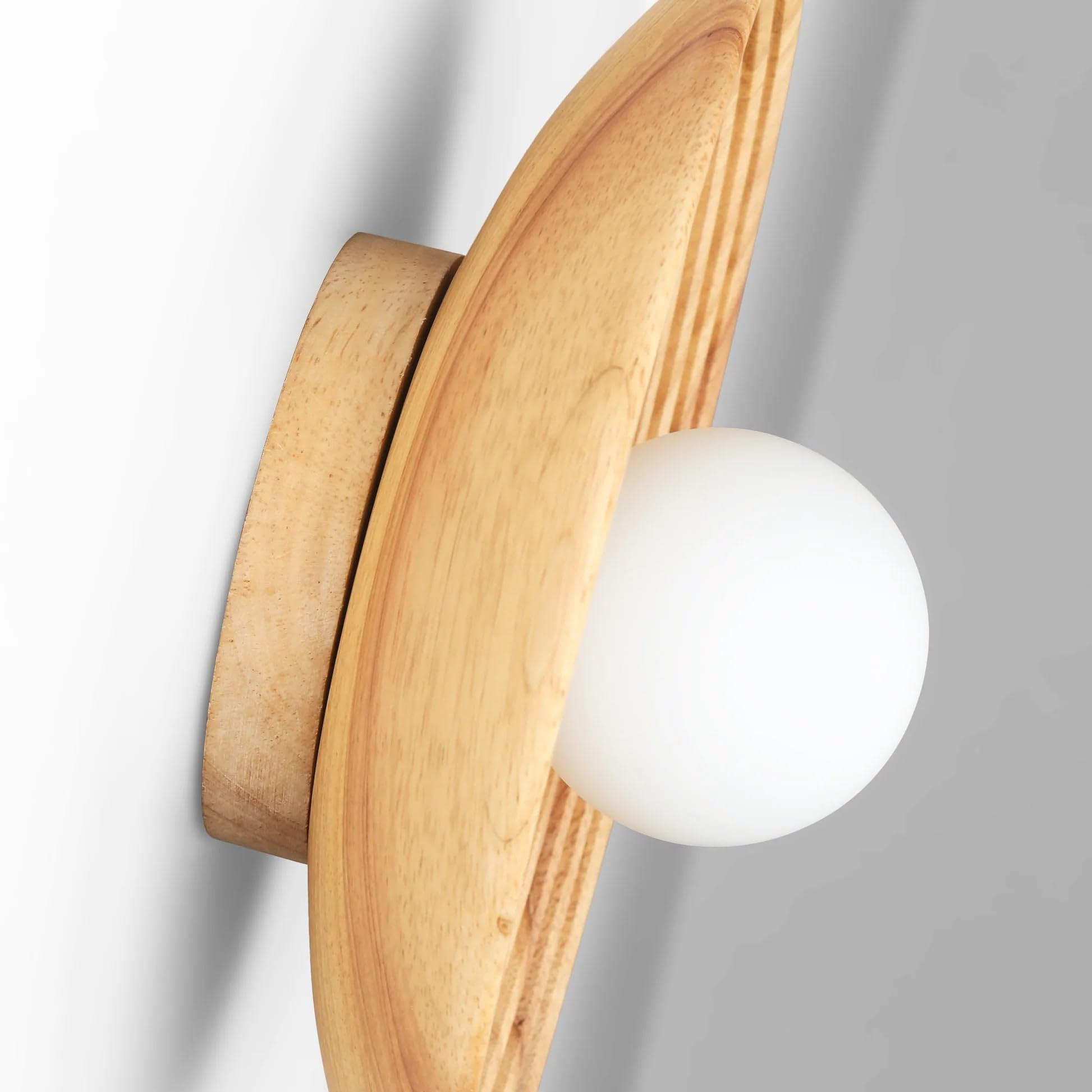 BARCELONA LED Applique da Parete in Legno Rotonda Ø28cm con Sfera in Vetro Bianco G9, Lampada da Muro Stile Nordico Japandi Vintage Industriale, per Camera Salotto Ufficio Scala Ristorante Bar