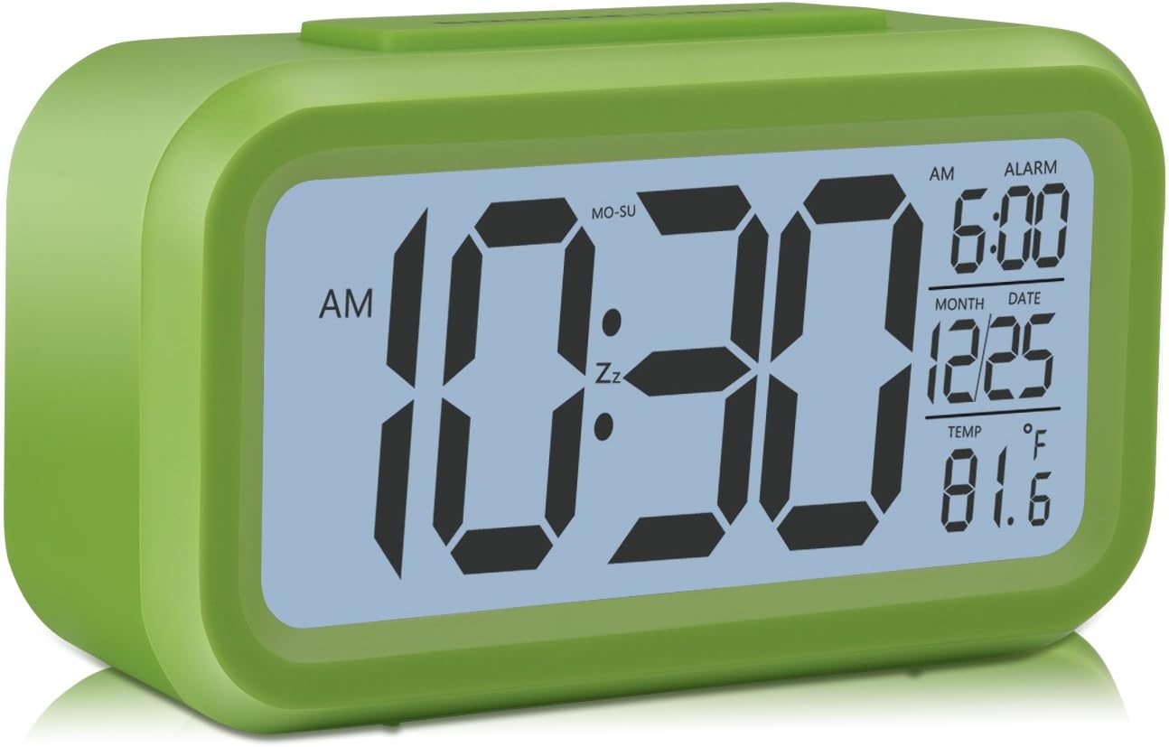 Light Up Alarm Clock for Kids - Electronic Travel Bedroom Clock W/ LCD Display in Big Numbers Smart Backlight, Low Light Sensor, Snooze, Temperature Functions (Natural Green)