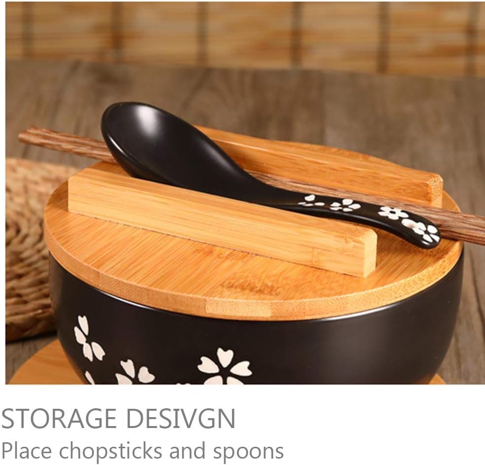Japanese cuisine bowl with lid vintage ramen bowl with lid black ceramic instant noodle bowl black salad bowl soup bowl with wooden lid (2pcs, 16168cm) BLACK 2PCS 16cm6.3 h image 5