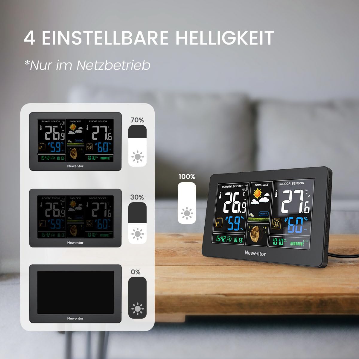 Newentor Wetterstation Funk mit Außensensor, Funkwetterstation Wettervorhersage Temperaturwarnung DCF Funkuhr, Schwarz