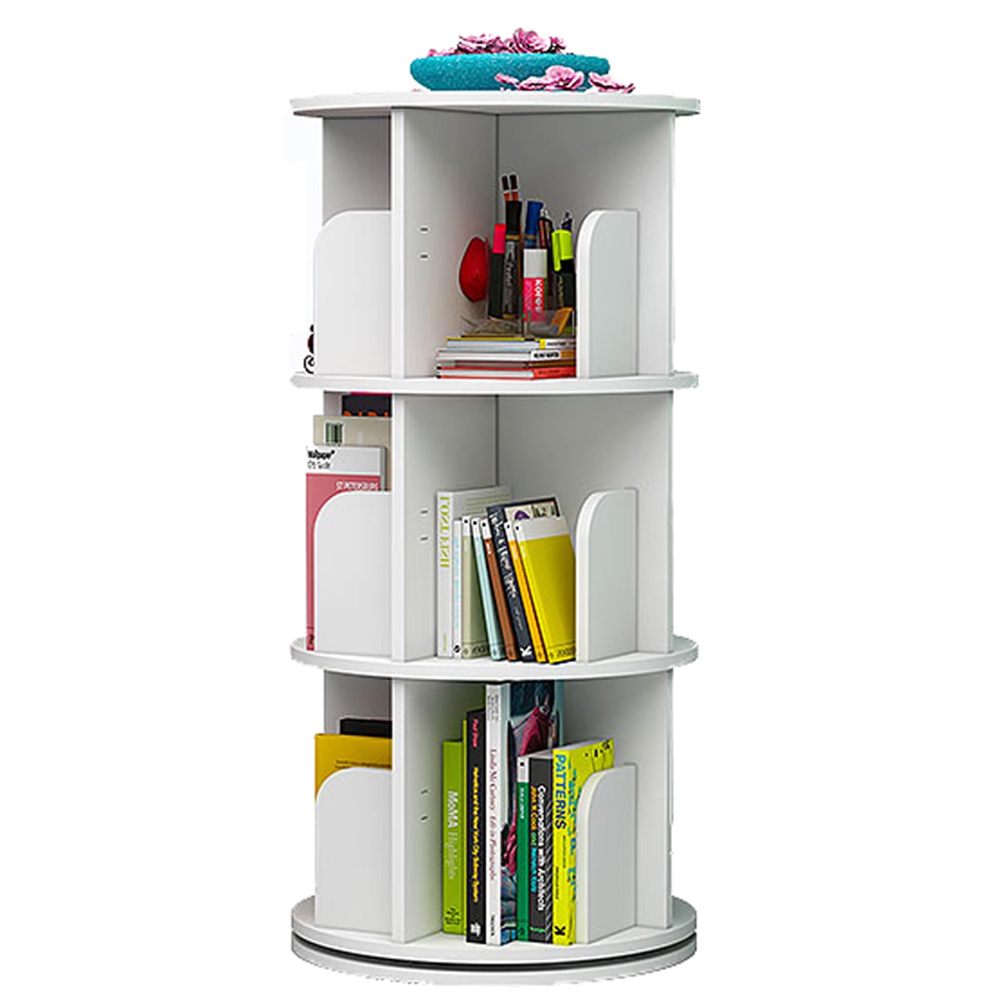 ASerZenith 360 Rotating Corner Bookshelf Storage Rack For Small Spaces Floor Standing Narrow Bookcase Organizer For Bedroom Or Living Room 3 Tier Display Shelf (White 3Tier)