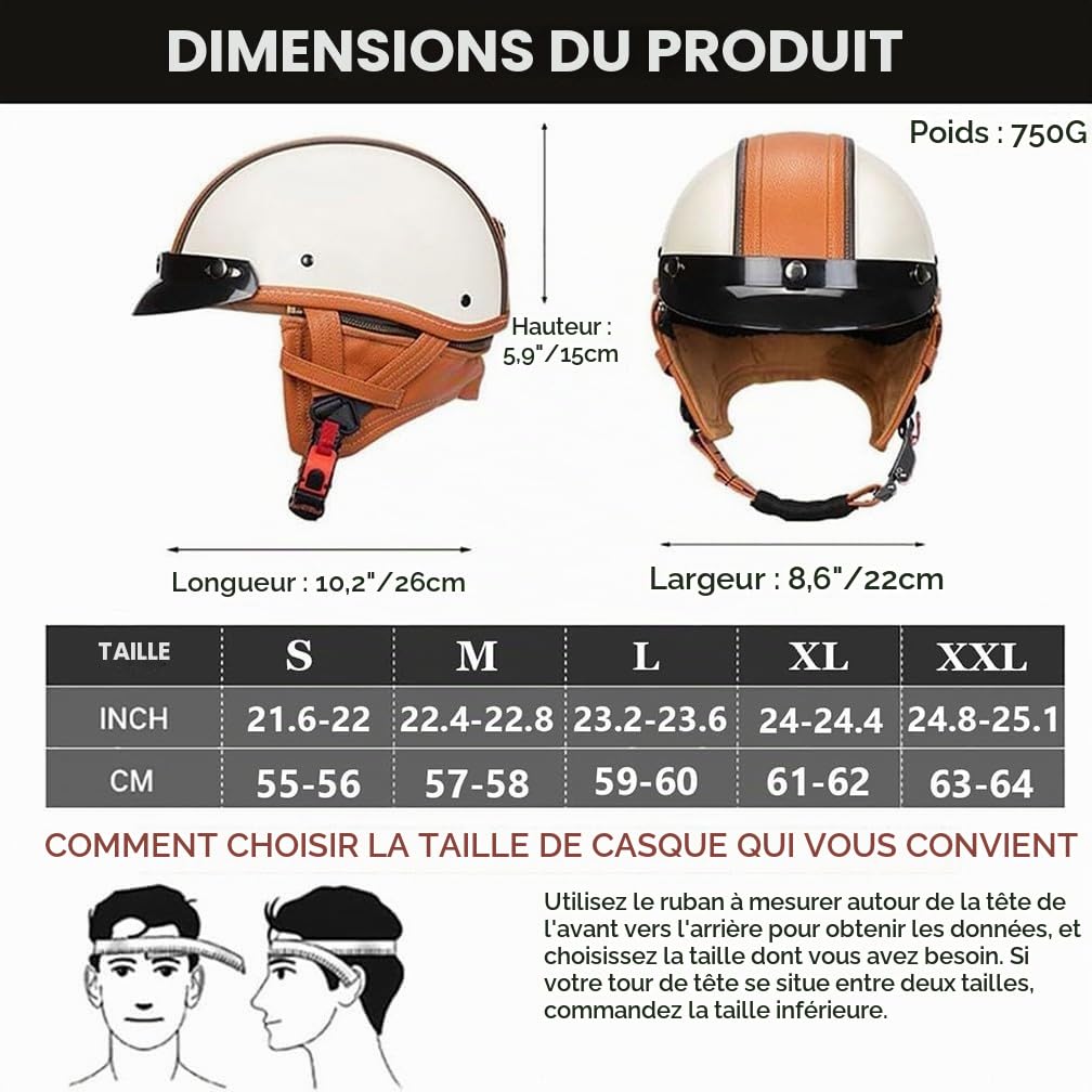 Demi Casque De Moto avec Lunettes Léger Casque Jet Rétro, Demi-Casque Moto Cuir Vintage Homologué ECE, Boucle à Dégagement Rapide Réglable Casque Ouvert pour Scooter Vélo Cruiser
