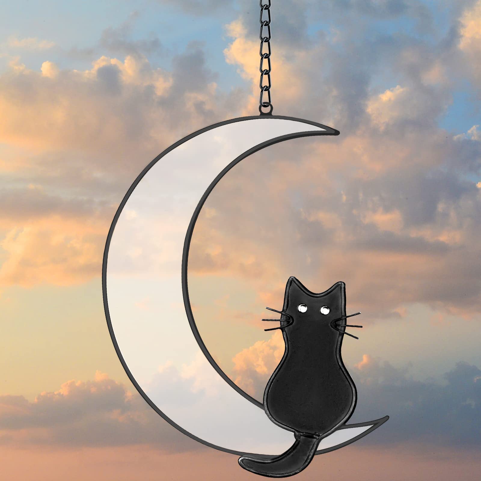 Cat Stained Glass Window Hanging, Handmade Black Cat on White Moon Suncatcher Decoration, Cat Theme Gifts for Cat Lovers, Girls or Women