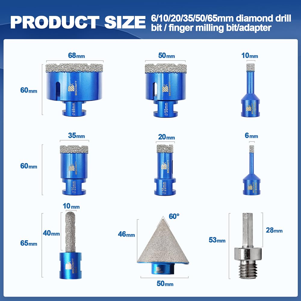 Juego de Brocas Diamante - 10 piezas (6/10/20/35/50/68mm+10mm Broca Fresado+50mm Brocas Chaflán Biselado+Hexagonal Adaptador) para Porcelanico Baldosa Cerámica Mármol Granito