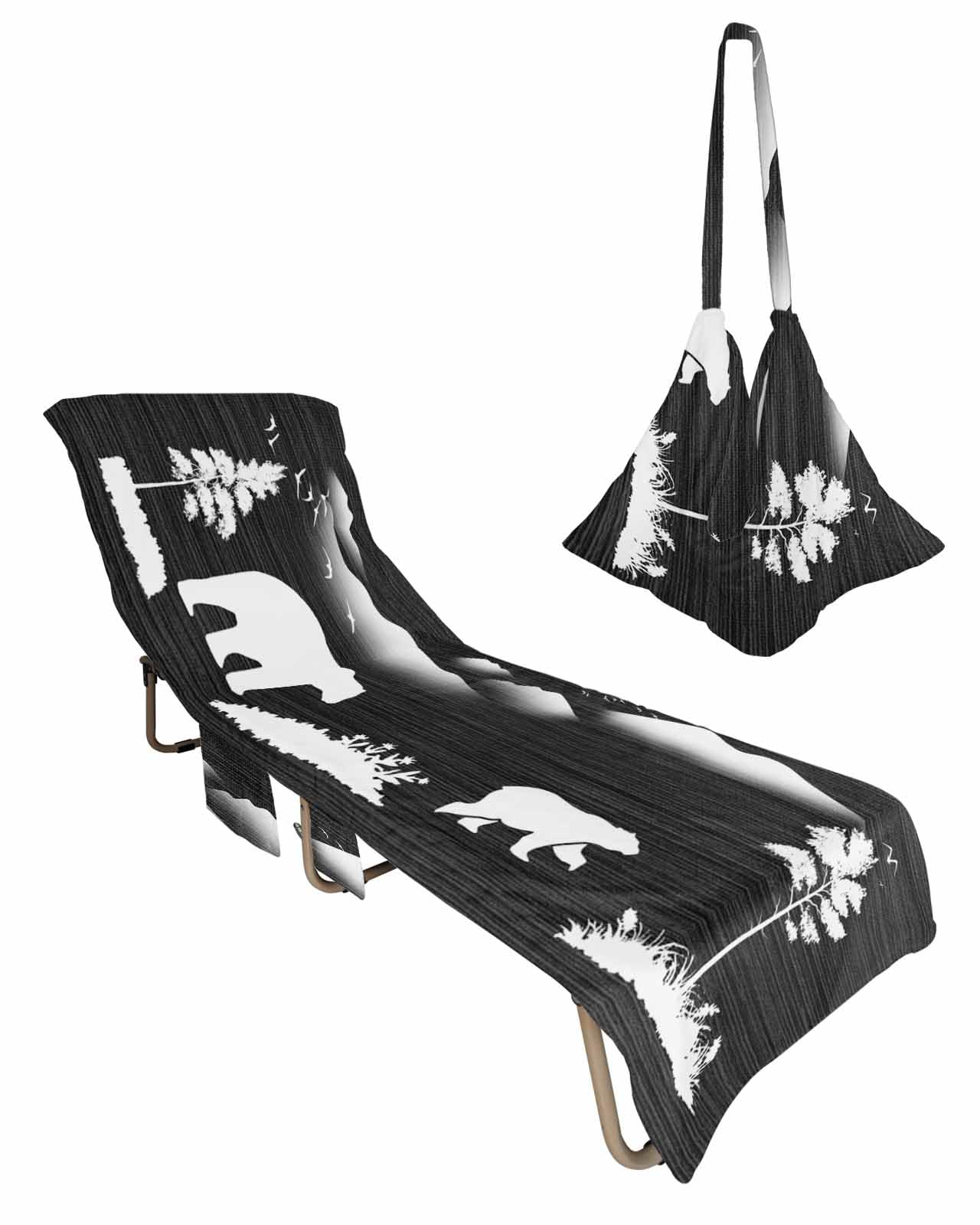 Bear Black Beach Chair Towel Covers for Chaise Lounge with Side Pocket, Soft Plush Pool Towels Cover for Patio Sunbathing Outdoor 29''x85'' Forest Animal Tree Birds Abstract Mountain White