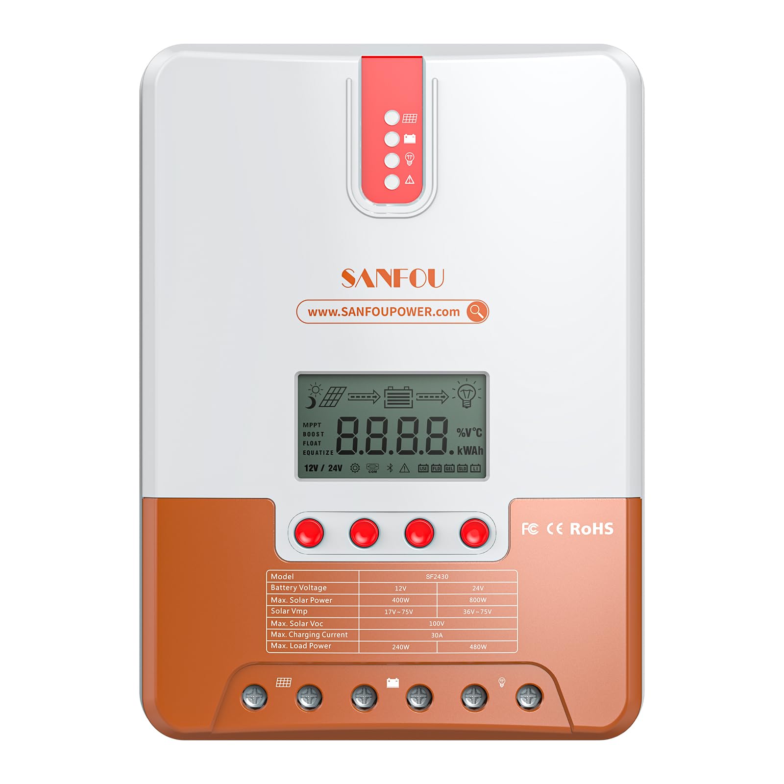 12V/24V 30 Amp MPPT Solarladeregler mit einstellbarer LCD-Anzeige, Solarpanel-Regler, Standard für LiFePO4-Batterien und Kompatibilität mit anderen Batterietypen für Wohnmobil und Off-Grid