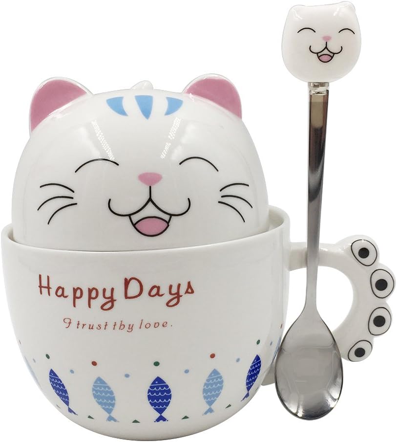 Cute Cat Mug With Lid And Lovely Spoon And Claw Handle，Ceramic Funny Cat Face Coffee Mug, Perfect Cat Gift For Cat And Kitten Lovers And Ladies,Capacity 11oz