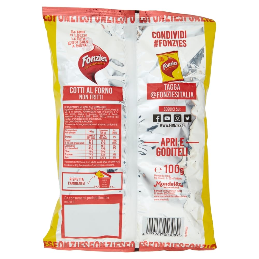 Fonzies Der originale, Original knusprige Mais-Snack mit Käse-Geschmack, Mais snack mit Käse –Beutel 24 x 100g + Beni Culinari Kostenloser Schlüsselanhänger