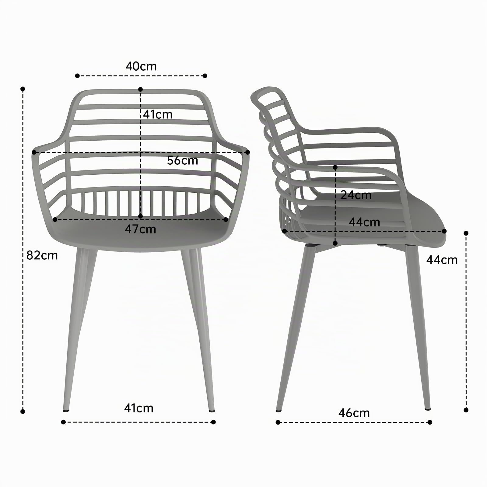 JIJIAN Set da 4 Sedie da Giardino con Braccioli Portata 120 kg Grigio | Plastica PP con Gambe in Ferro Traspirante Robusto Facile da Pulire Sedia Leisure per Balcone Giardino Terrazza Cucina